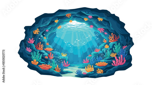 Underwater cave with colorful coral and sunlight rays in a vibrant cartoon style