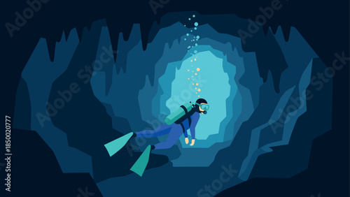 Deep water exploration in a blue grotto with scuba diver and underwater cave