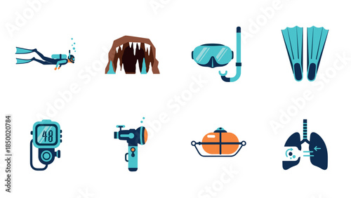 Diving equipment and underwater exploration icons set in flat design