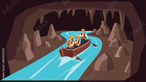 Family adventure on a cave river raft ride with helmets and paddles in a scenic underground cavern