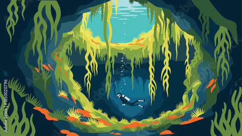 Underwater adventure: exploring a vibrant ocean cave with lush seaweed and a diver