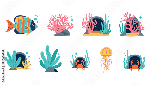 Vibrant aquatic life with coral reefs, tropical fish, and marine creatures in a flat style