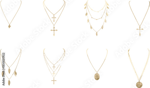 Set of gold necklace vector icons with cross, leaf, medallion, layered chain, and charm pendants for jewelry design.