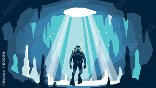 Scuba diver exploring underwater cave with sunlight beams in minimalist design