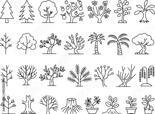 Tree and Plant Icon Set: Nature, Forestry, and Gardening Outline Symbols Bundle