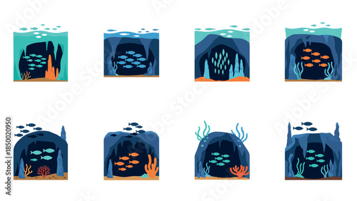 Aquatic scene collection: marine life in simplistic underwater caverns