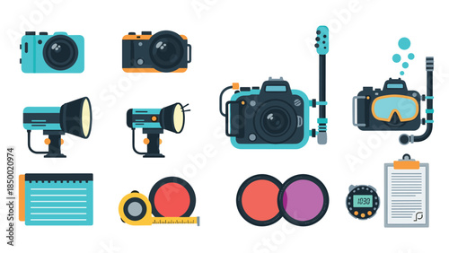 Diving and photography equipment set in flat design style