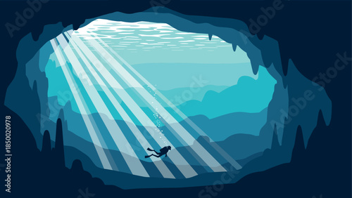 Underwater cave exploration with diver and sunbeams in silhouette style