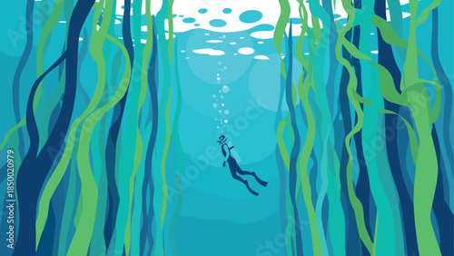 Underwater adventure with diver in kelp forest in flat design