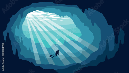 Dramatic underwater cave exploration with sunlight rays and solo diver in silhouette style