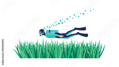 Scuba diver exploring underwater grass in minimalist style