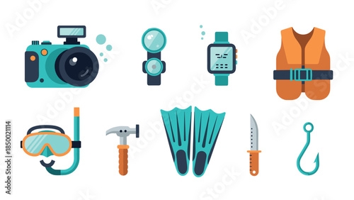 Flat design diving gear collection with camera, flippers, and safety equipment