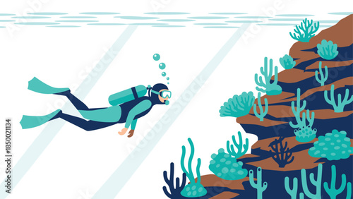Diver exploring vibrant underwater coral reef ecosystem in minimalist style