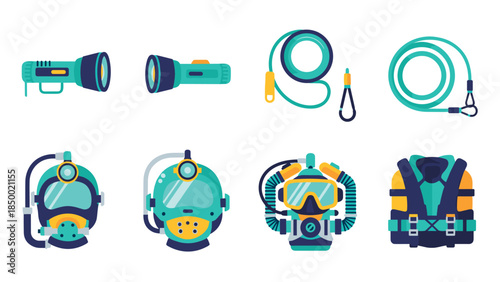 Diving equipment set featuring flashlights, snorkels, masks, and safety gear in flat design