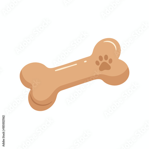 A tan-colored dog bone with a paw print on it. Shiny appearance and isolated