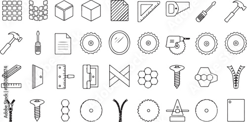Diverse set of black and white tool and object icons