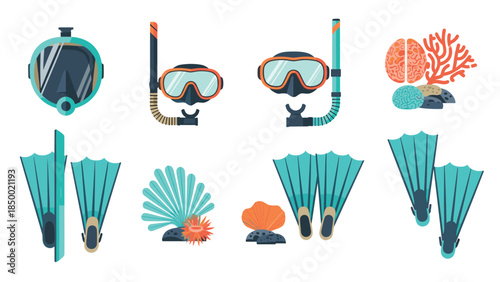 Colorful scuba diving equipment and sea life elements
