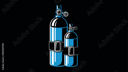 Diving oxygen tanks on black background with blue highlights