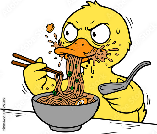 Cartoon duck enjoying delicious noodles whimsical kitchen scene kids illustration fun and vibrant environment playful view celebrating life and food