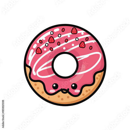 A cheerful donut with pink icing, white stripes, and strawberry toppings