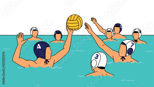 Water polo match action scene with players in pool competing for ball