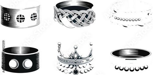 Set of ornamental ring vector icons with cultural, tribal, vintage, decorative, and abstract styles for jewelry design and branding.