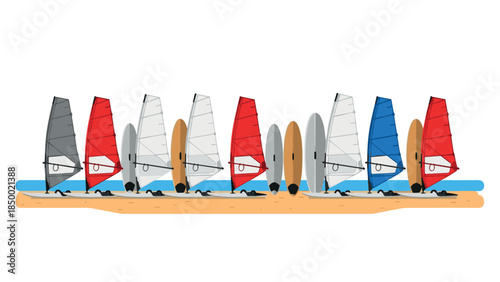 Colorful windsurfing boards on the beach with vibrant sails in a lined arrangement