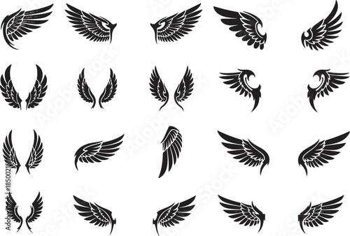 Assortment of stylized black wing illustrations wings