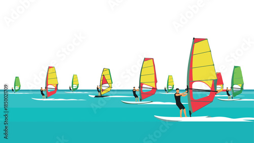 Colorful windsurfers in action on turquoise waves