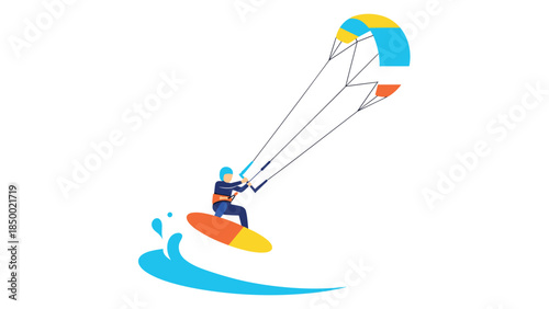 Colorful minimalist kiteboarding adventure with dynamic movement and waves