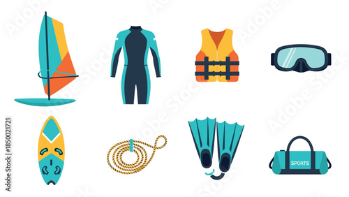 Water sports gear collection: modern flat design of essential equipment