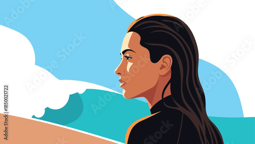Surfer woman gazing at ocean waves in vibrant beachscape with clear sky