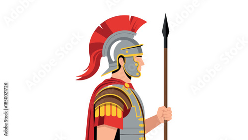 Roman soldier in profile with spear and red plume helmet