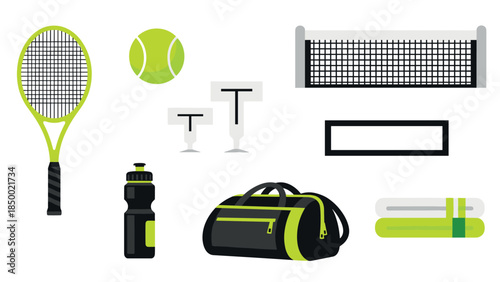 Tennis equipment collection with racket, ball, and water bottle in modern style
