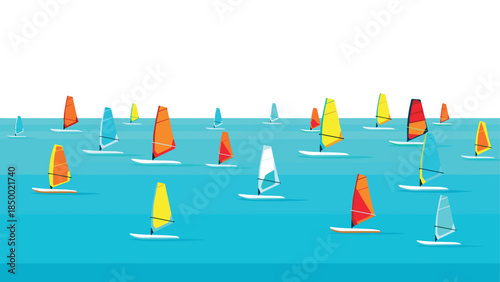 Vibrant sailboats on a calm sea with geometric sails in bright colors