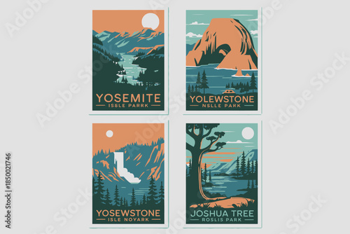 Vintage National Park Travel Posters Yosemite Joshua Tree Illustrations