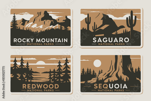 National Park Badges Rocky Mountain, Saguaro, Redwood, Sequoia Vintage Style Travel Stickers