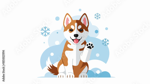 Siberian Husky with brown and white fur sitting in a snowy winter landscape