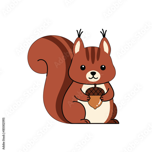 Cartoon squirrel with a large fluffy tail, holding an acorn in its paws