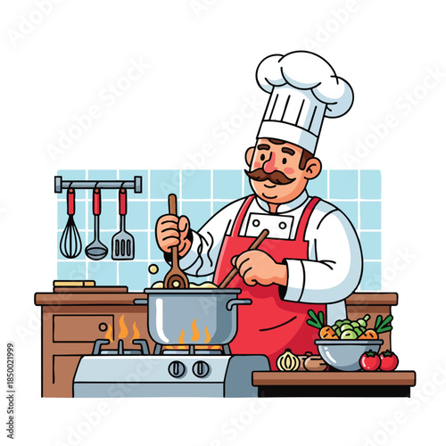 A cartoon chef in a kitchen, stirring a pot on a stove with vegetables nearby