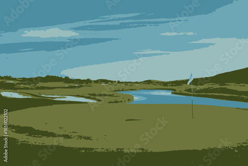Serene Golf Course Landscape with Water Hazard and Flagstick Under Blue Sky