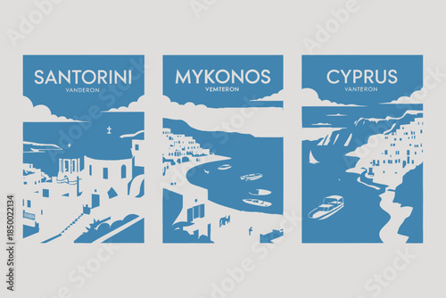 Greek Islands Travel Posters Santorini Mykonos Cyprus Vacation Destination Illustrations