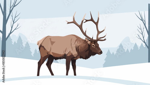 Majestic elk in a serene winter landscape with snow-covered field and distant mountains