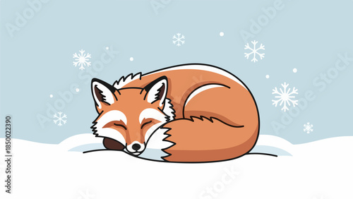 A solitary fox rests in deep slumber within a serene winter landscape with a soft blue gradient sky and scattered snowflakes