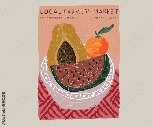 Fruit abstract art design for t-shirt, poster, sticker and others. Watermelon, papaya and orange wall art. Mix fruit bowl design. Local farmer's market fruit.