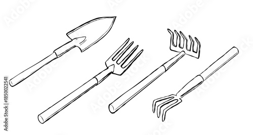 Set of garden tools shovel fork rake and hand cultivator in black and white outline drawing isolated on white background