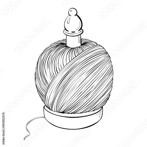 Black and white line art yarn ball with condom symbol isolated on white background concept for safe sex contraception protection health education