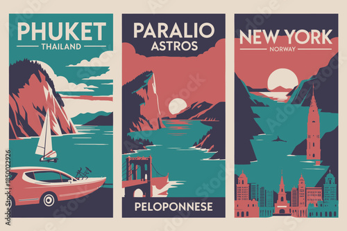 Vintage Travel Posters for Phuket, Paraliou Astros, and New York City Tourism