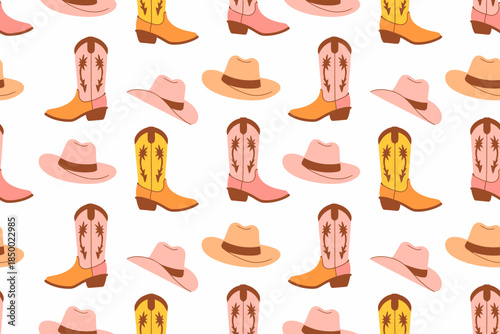 Western Cowboy Boots and Hats Pattern in Pink, Yellow, and Orange Colors