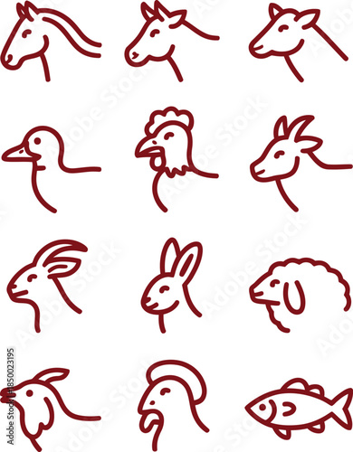 Red line vector icon set of farm and domestic animals including cow, horse, goat, fish, and poultry for agriculture and design use.